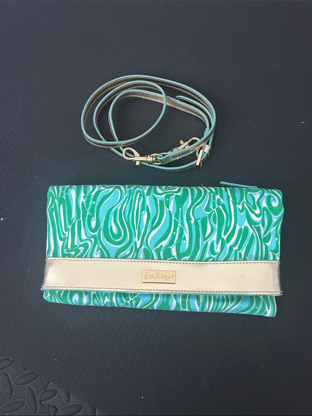 Lilly Pulitzer Green Swirl Pattern Convertible clutch to strap with Gold Accent